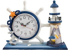 Nautical Steering Wheel Desk Clock - Mediterranean Style Wooden Boat Anchor Ligh