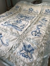 Exquisite Rare Bespoke Vintage Linen Hand Embroidered Bedspread 66” x 55”