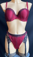M&S Autograph Underwired 34DD Bra & UK 14 String Knicker Set, Red Silk & Lace