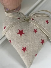 Peony and Sage Padded Heart Door Hanger Red Stars Linen Fabric