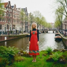 WOMEN'S/LADIES 1970’S VINTAGE CLOTHES, RED MIDI DRESS