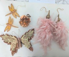6x VINTAGE XMAS TREE DECORATIONS PEACH  ORANGE GOLD FEATHERS BUTTERFLY DRAGONFLY