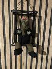 Halloween Prop Animated  Zombie In A Cage Motion Sensor Lights Talk Movement