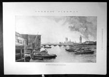 Old Antique Print Londons Tideway Houses Parliament Lambeth Bridge 1897 19th