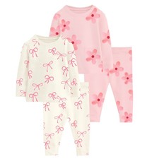 Baby Girls 2 Pack Pyjamas – Pink Bow & Flower Print Cotton PJs Sleepwear Set