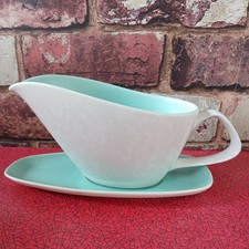 Vintage Poole Pottery Twintone Ice Green and Seagull Sauce Gravy Boat with stand
