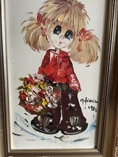 1985 PALETTE KNIFE OIL PAINTING BIG EYED GIRL +FLOWERS PARIS M HENELE 8” x 16”