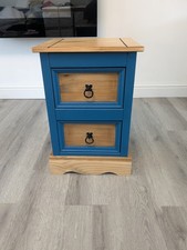 Small Upcycled Corona Pine Bedside Sprayed In Forgotten Lake Matt Blue Paint