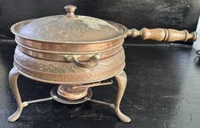 Unusual Antique Asian Ornate Engraved Copper Large Warming Pan On Stand