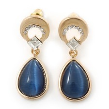 Cobalt Blue Cat Eye Teardrop Earrings In Gold Plating - 33mm Length