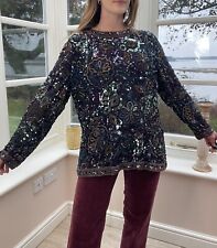 Vintage Size L 10-14 Black 100% Silk Beaded Sequined Top Black Tie Oleg Cassini