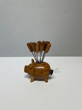 Vintage midcentury teak wood pig cocktail fork buffet party charcuterie board