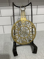 VICTORIAN FIRESIDE HANGING WROUGHT IRON & PIERCED BRASS SLIDING HEARTH TRIVET