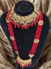 Bridal Jewellery Set Indian Pakistani Mala Jhomer Chokar Tika Jhomke Red Gold