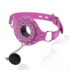 Pink Faux Leather Studs Water Plug Ball Gag Dungeon Cave Restraint Head Hood