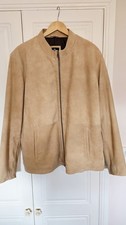 Mens Suede Camel Leather Jacket Mandarin Collar Fully lined XL 46" Chest