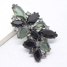 Vintage Signed Monet Black Navette Japanned Rhinestone BROOCH Pin Jewellery