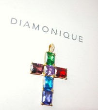 DIAMONIQUE MULTI COLOUR CROSS PENDANT 18CT YELLOW GOLD OVER STERLING SILVER  QVC