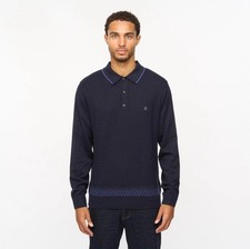 Gabicci Vintage "ELY"  Long Sleeve Knitted Polo, Medium, Navy, BNWT