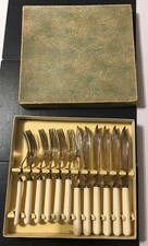 Set of 6 Fish Forks Chrome / Cream Handles /Vintage /Original box unused 
