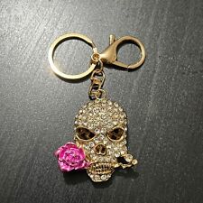 bedazzled gem skull rose keychain gold pink silver women's gift