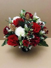 Christmas Cemetery Flower Pot Artificial Winter Arrangement Red White Carnations