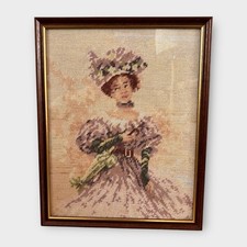Vintage Embroidery Tapestry Framed Girl Woman Regency  Cottage Wall Art Gallery 