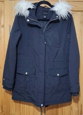 New Look Parka Style Coat Size 12 Navy Blue Faux Fur Trim Hood