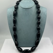 Chunky Black Beaded Necklace Wooden Long 