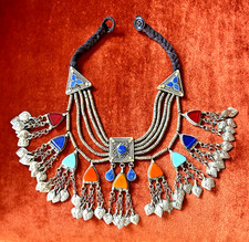 Vintage Afghan Kuchi Lapis Glass Metal Choker Pendant Necklace - Tribal Dance 