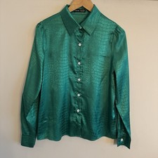 SHEIN Green SIZE 10 UK Long Sleeve Satin Feel Snakeskin Blouse Shirt