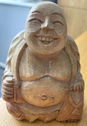 Wood carved laughing buddha - wood,