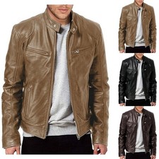 Men PU Leather Jacket Fashion Zipper Stand Collar Punk Style Outerwear