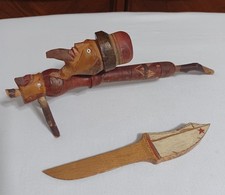 Vintage Hand Carved Wood Folk Art Tobacco Pipe & Bonus Folk Art Wood Dagger