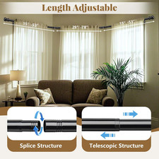 Harrms Bay Window Curtain Pole U-Shaped Curved Black Rod with 2 Elbows 76-460...