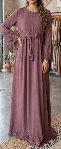 Mauve pink lace abaya maxi - pink,
