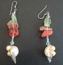 Real mabe f/w pearls, cherry quartz, jadeite gem 925 silver hooks femme earrings