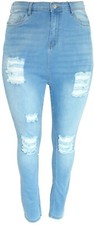 Ladies High Rise Blue Denim Wash Jeans Stretch Denim Rip Fray Legging Womens