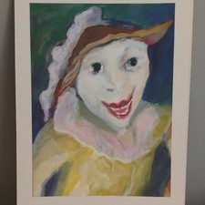 Bold Portrait Painting FK Owen Colourful Face Woman Happy Expression Blue Green