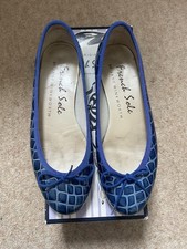 French Sole Ballet Flat Shoes Size 36.5/3.5 Blue with Snakeskin Effect Leather