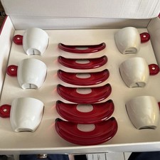 Set Of 6 Guzzini Espresso Cups Saucers Red Acrylic White Porcelain New