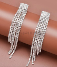 Sterling Silver Boho Tassel  Long Bohemian Rhinestones Chandelier Drop Earrings