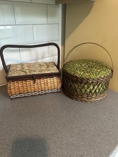 2 Vintage 60s Woven Sewing Baskets With Handles 