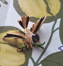 Lovely Bird On Branch,  Enamelled And Rhinestone Brooch. stamped.