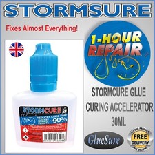 STORMSURE STORMCURE GLUE CURING ACCELERATOR 30ML reduces cure time to 1 hour .