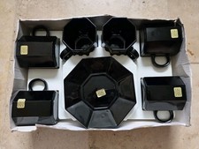 Arcoroc Octime Black Glass Hexagonal 22cl Cups And Saucers X 6