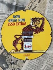 VINTAGE 1963 ESSO EXTRA TIGER GASOLINE OIL SEEVICE 12 INCH PORCELAIN ENAMEL SIGN