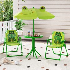 Kids Picnic Set 4 Pieces Green Outdoor Table 2 Folding Chairs Umbrella Green