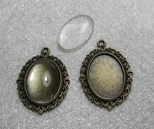 2 bronze picture setting oval pendant frames glass domes 18 x 25 mm cabochons