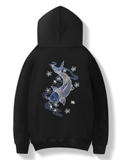 Niepce Men's Japanese Streetwear Sweatshirt Blue Koi Embroidered Hoodie
